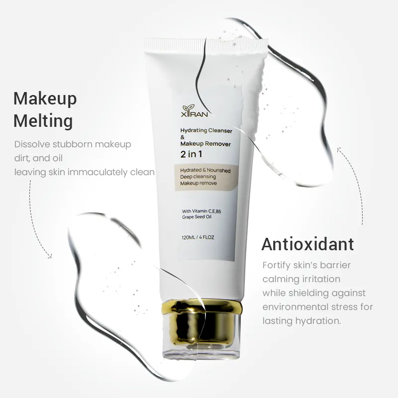 Image of Xiran Hydrating Cleanser and Makeup Remover 2 in 1 tube with antioxidant and makeup melting benefits.
